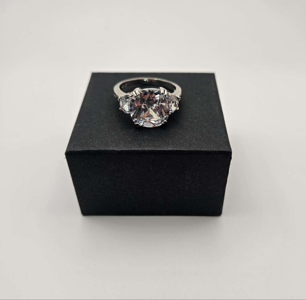 Vintage Signed BEST 3-Stone Statement Ring Silver Tone Cushion Cut Size 8.5